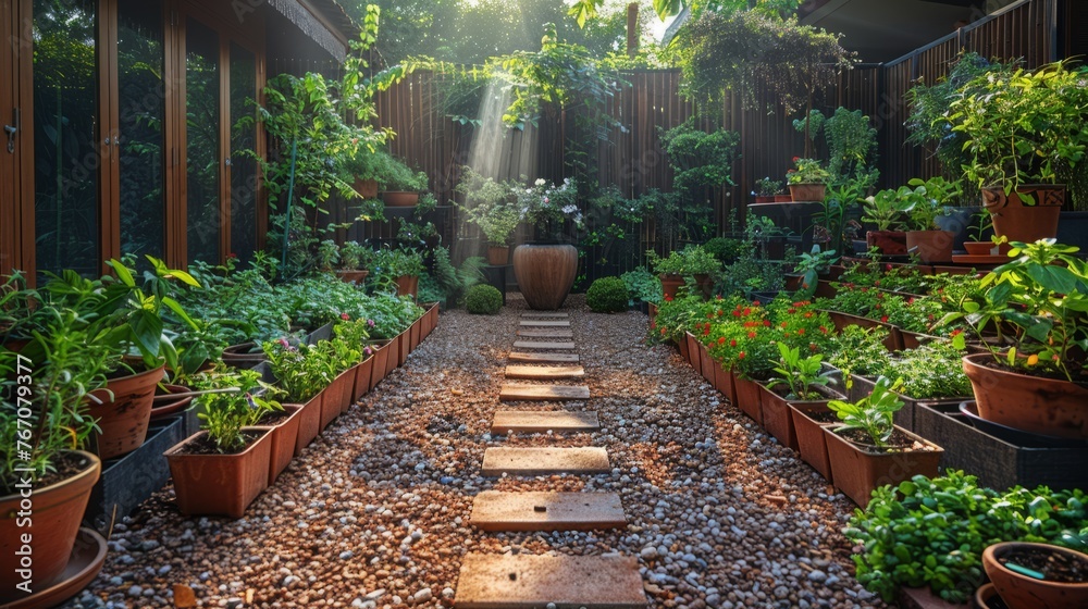 A lush garden with many potted plants and a scenic stone path - obrazy, fototapety, plakaty 
