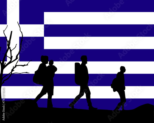 Immigration and refugees front of Greece flag, immigrant and refugee concept