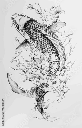 koi fish tattoo surrounded by intricate splashing water sketch engraving generative ai fictional character vector illustration. Scratch board imitation. Black and white image. T-shirt apparel design.