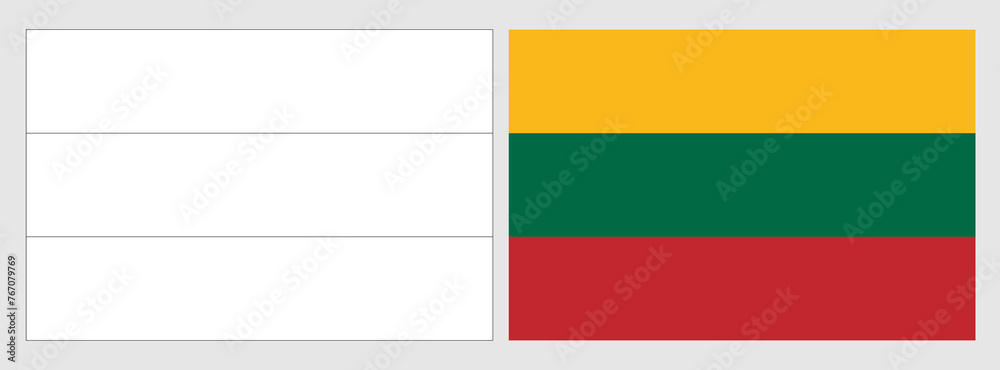 Lithuania flag - coloring page. Set of white wireframe thin black outline flag and original colored flag.