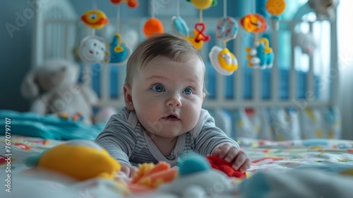 a baby boy lying in his playpen playing with a crib mobile with musical instruments photo