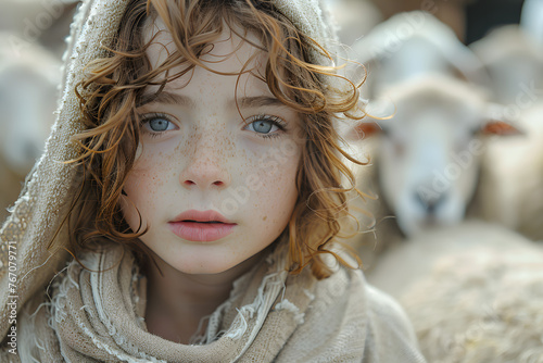 Portrait of a young child with curly hair amongst sheep. Conceptual representation of shepherd theme for religious and storybook design, Young David shepherds sheep, Bible story photo
