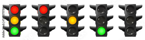 Set of Traffic Lights. Realistic electric lights with all three colors on and single color on. Street regulation system signals, road safety in the city, vector set isolated on white background