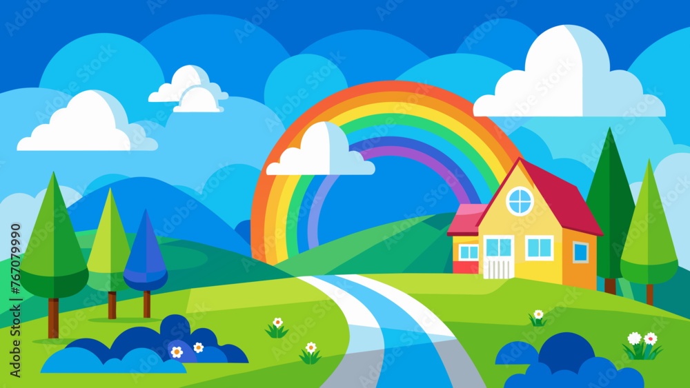 rainbow blue-white-clouds-green-meadow--house--road--green