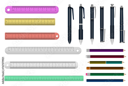 Pen and pencils. Office stationery school colored items of education help vector 3d realistic collection of plastic pen wooden pencils. Illustration of school pencil, stationery pen, marker colored