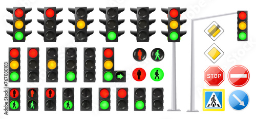 Set of road street signs for vehicles and pedestrians. Priority roads, speed limit and restriction stop signboards. Stop, direction of traffic, pedestrian crossing, Traffic lights. Realistic 3d vector