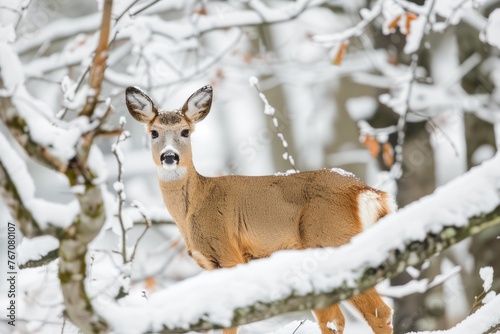 A deer stands in the snow-covered landscape  blending with its wintry surroundings