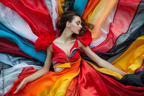 A woman relaxing on a vibrant rainbow-colored blanket