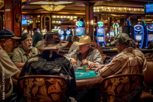 A group of individuals engaged in a game of poker, focused on their cards, chips, and interactions in a casino setting