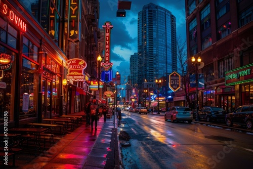 A city street filled with tall buildings illuminated at night  showcasing the vibrant nightlife and bustling atmosphere of urban living