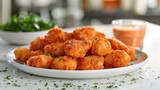 Crispy fried shrimp with dipping sauce on a white plate, garnished with herbs, on a kitchen counter.