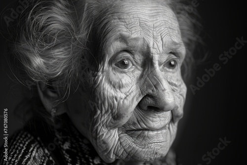 An elderly woman with deep wrinkles and lines on her face, showcasing the effects of aging