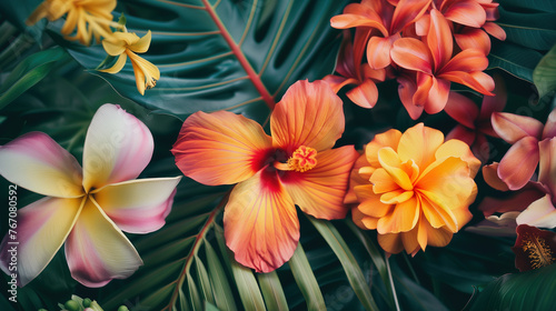 Colorful tropical flowers and leaves background