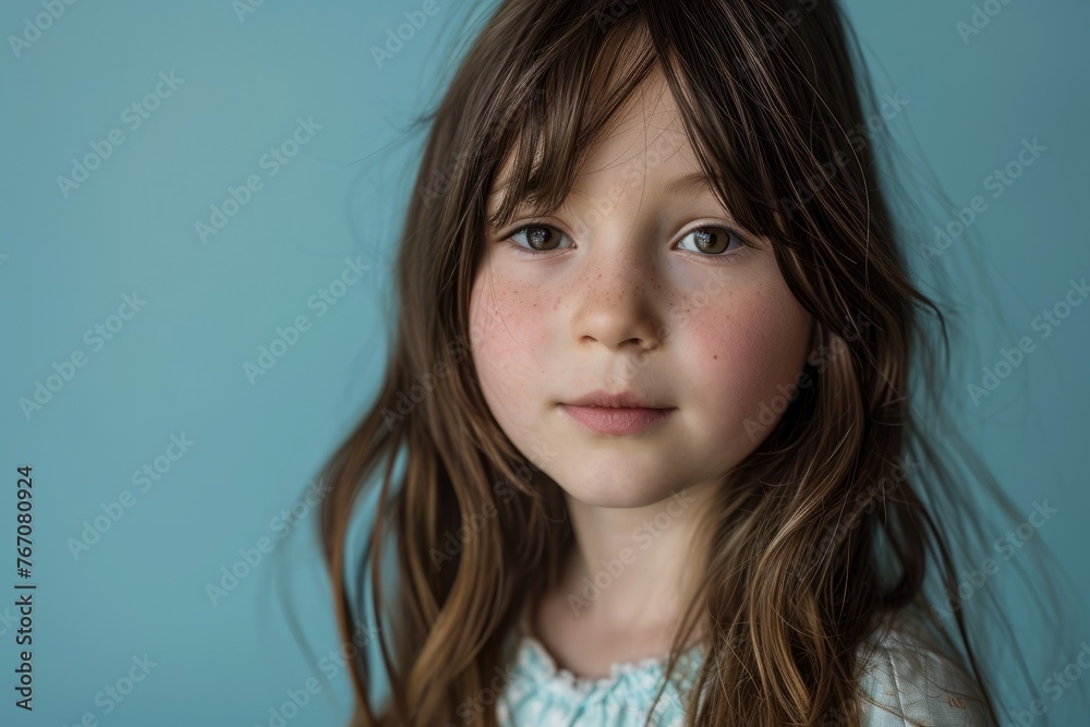 Portrait of a beautiful little girl with long hair on a blue background Portrait of a beautiful little girl with long hair on a blue background