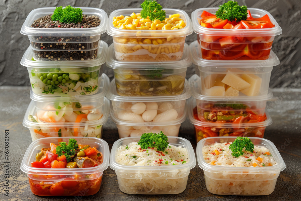 A stack of plastic containers filled with various types of food. The containers are arranged in a pyramid shape, with the bottom row containing the most food and the top row containing the least