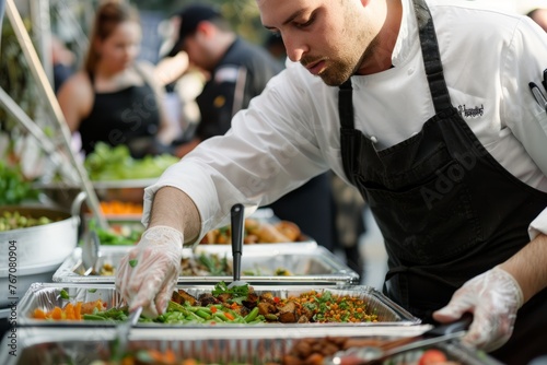 A man in a chefs uniform is seen preparing food in a buffet line at a food festival or culinary event photo