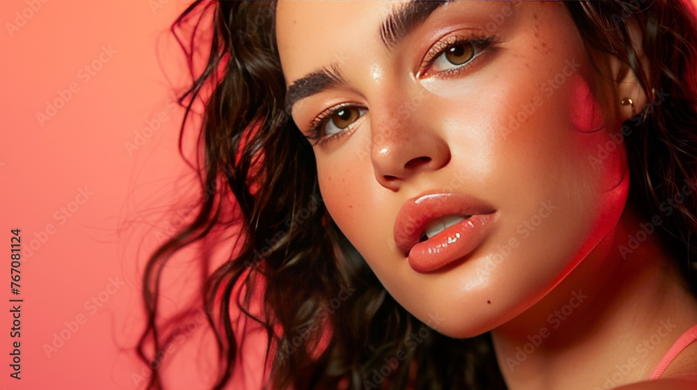 Fototapeta premium Young beautiful woman with natural makeup on a pink background. Beauty and skin care concept. Plus size model, close up