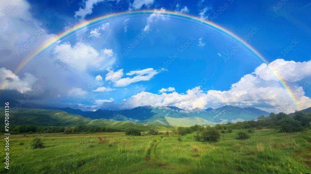 Rainbow against a background of blue sky and forest. Sky after rain Rainbow against a background of blue sky and forest. Sky after rain