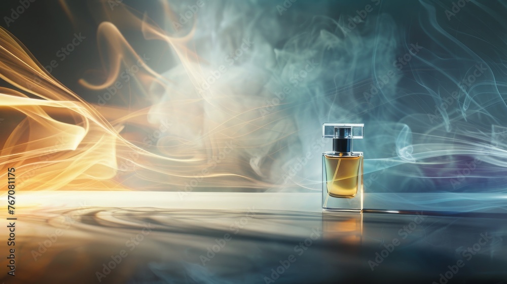 glass perfume bottle on an abstract background with beautiful light, unisex perfume - obrazy, fototapety, plakaty 