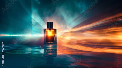 glass perfume bottle on an abstract background with beautiful neon light, unisex perfume