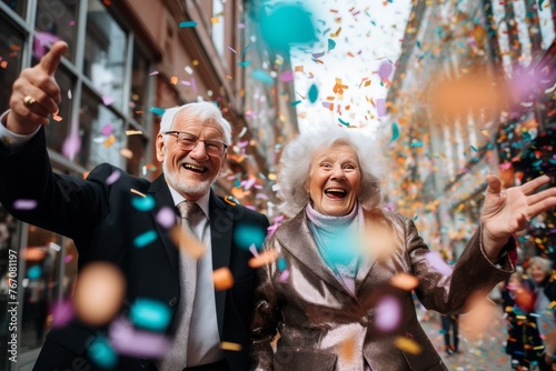 couple of happy pensioners having fun and throwing confetti