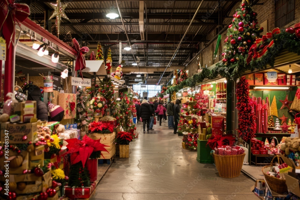 A store bustling with shoppers browsing through colorful Christmas decorations and gifts for the holiday season