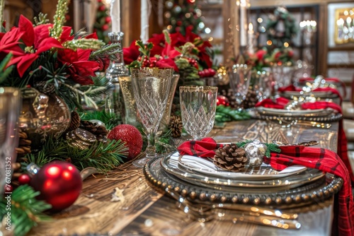 A Christmas table setting adorned with red and green decorations for a festive holiday celebration © Ilia Nesolenyi
