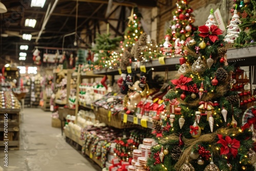 A bustling store packed with a variety of Christmas decorations, ornaments, and festive items for sale during the holiday season