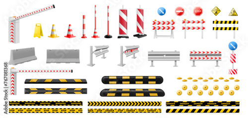 Set of traffic light, boom barrier gate, road barrier fence, speed bump ,road cone. Striped yellow and black barriers for blocking road. Speed bump element or obstacle on the road. Realistic 3d Vector