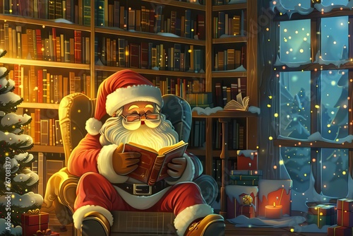 Cozy Santa Claus reading in North Pole library, Christmas concept illustration