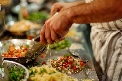 A person is seen cutting up food on top of a table in preparation for cooking in a commercial kitchen setting