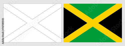 Jamaica flag - coloring page. Set of white wireframe thin black outline flag and original colored flag.