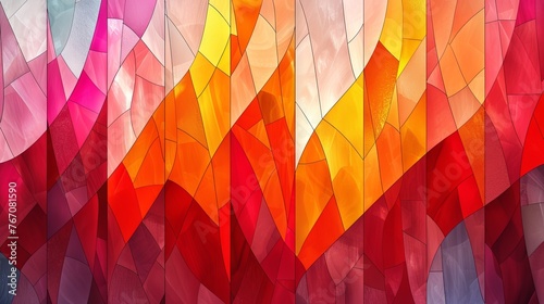 A vivid abstract gradient of overlapping polygons transitioning from warm pink to orange tones, resembling a digital stained glass.