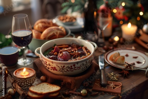 A table is elegantly set with a bowl of food and a glass of wine