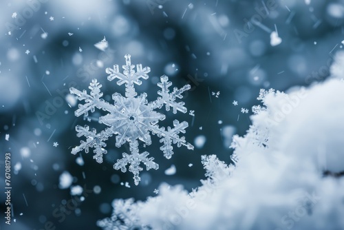 Detailed view of a snowflake resting on the snowy ground
