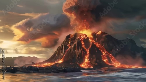 A volcano erupting on an island in the middle of the ocean, with lava and smoke rising from its peak