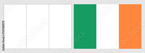 Ireland flag - coloring page. Set of white wireframe thin black outline flag and original colored flag.