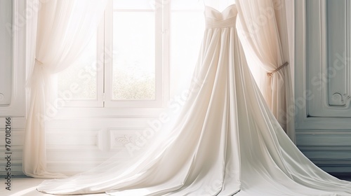 white wedding dress Made of Chiffon hang In the hall. 3d render illustration style. Generative AI