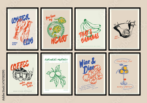 Minimalist hand drawn food and drink vector print poster collection. Art for postcards, branding, logo design, background. Matisse style art.