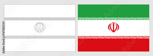 Iran flag - coloring page. Set of white wireframe thin black outline flag and original colored flag.