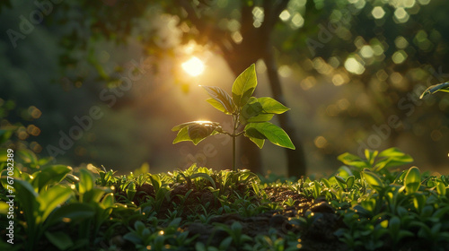 An idyllic moment frozen in time, with a young tree reaching towards the morning sun amidst a panorama of lush foliage, embodying the essence of growth and renewal. 32K.