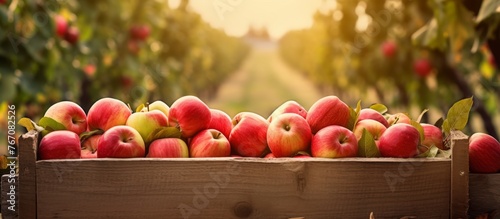 A wooden box filled with apples  a staple food and superfood  resting in an orchard amongst the natural plants producing fresh  local fruits