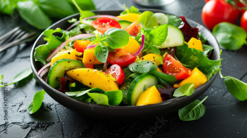 A bowl of salad with a variety of vegetables including tomatoes, cucumbers, and lettuce. The salad is served in a black bowl and is garnished with fresh herbs