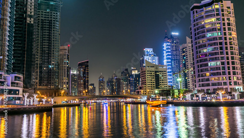 Dubai Marina towers and canal in Dubai night timelapse © neiezhmakov