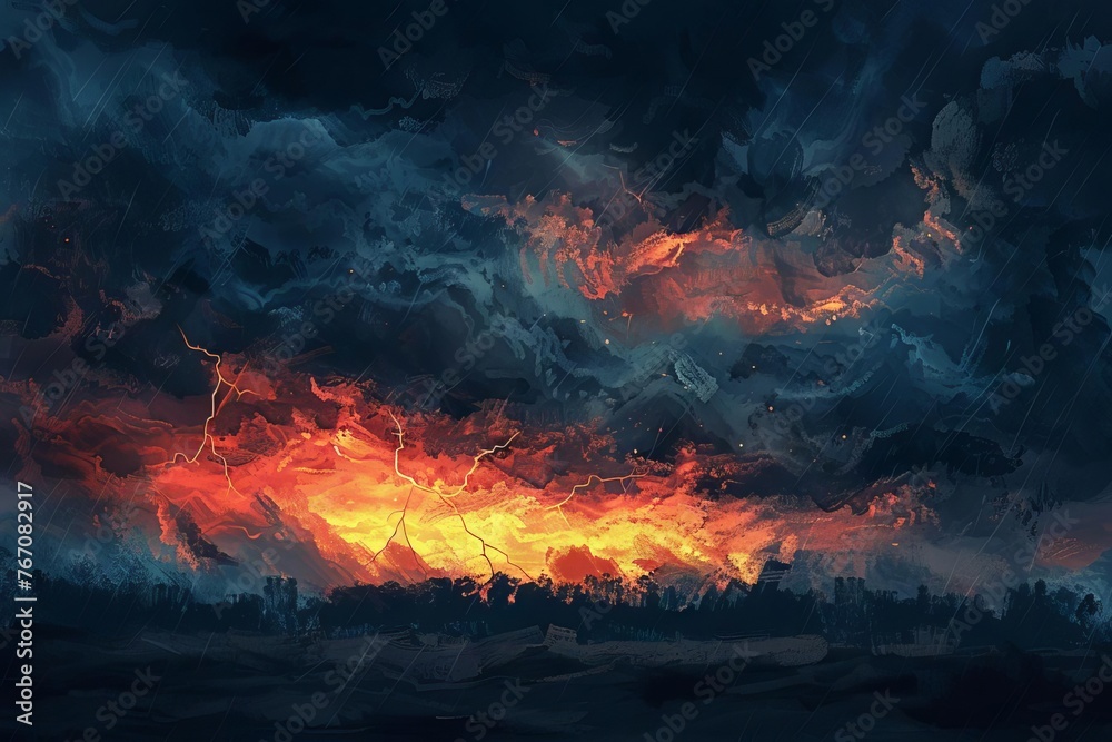 Dramatic Stormy Sky with Dark Clouds and Lightning Bolts, Digital Illustration - obrazy, fototapety, plakaty 