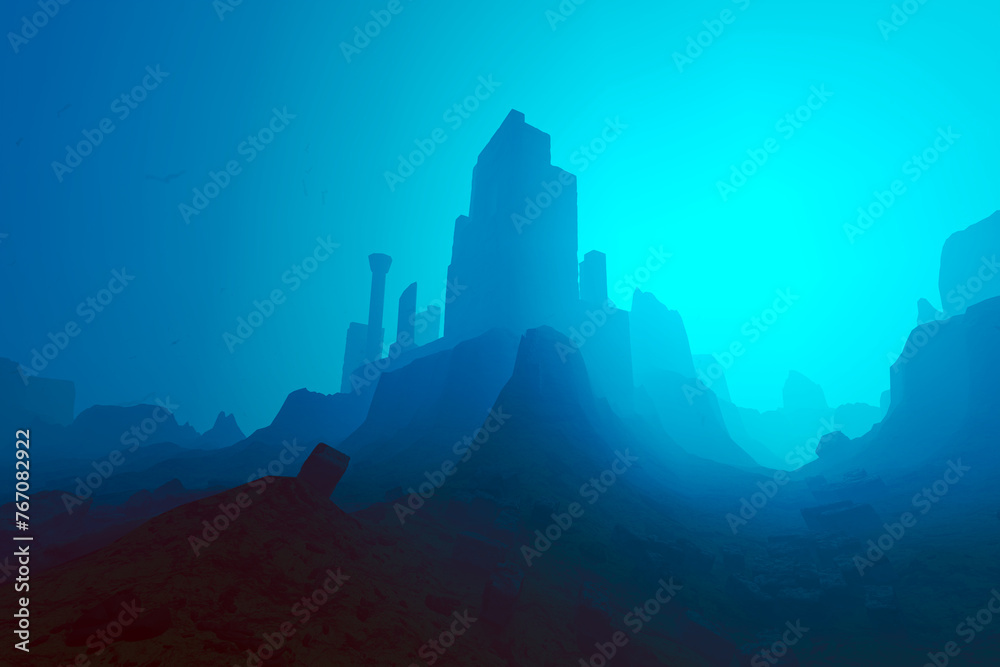 Surreal Monochromatic Blue Desert with Futuristic City Silhouettes