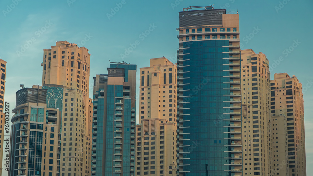 Morning view of Dubai Marina towers in Dubai timelapse