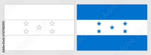 Honduras flag - coloring page. Set of white wireframe thin black outline flag and original colored flag.