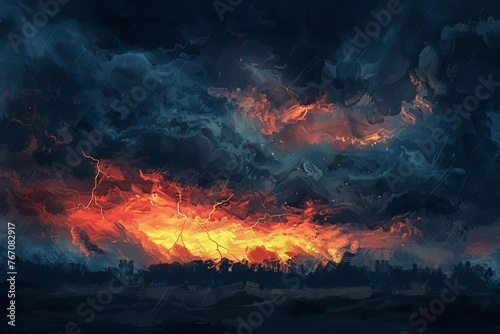 Dramatic Stormy Sky with Dark Clouds and Lightning Bolts, Digital Illustration photo