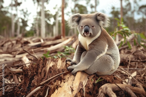 Sad and lost koala bear wandering around a devastated forest.. Concept of deforestation hazard, wildlife in danger, saving the planet.